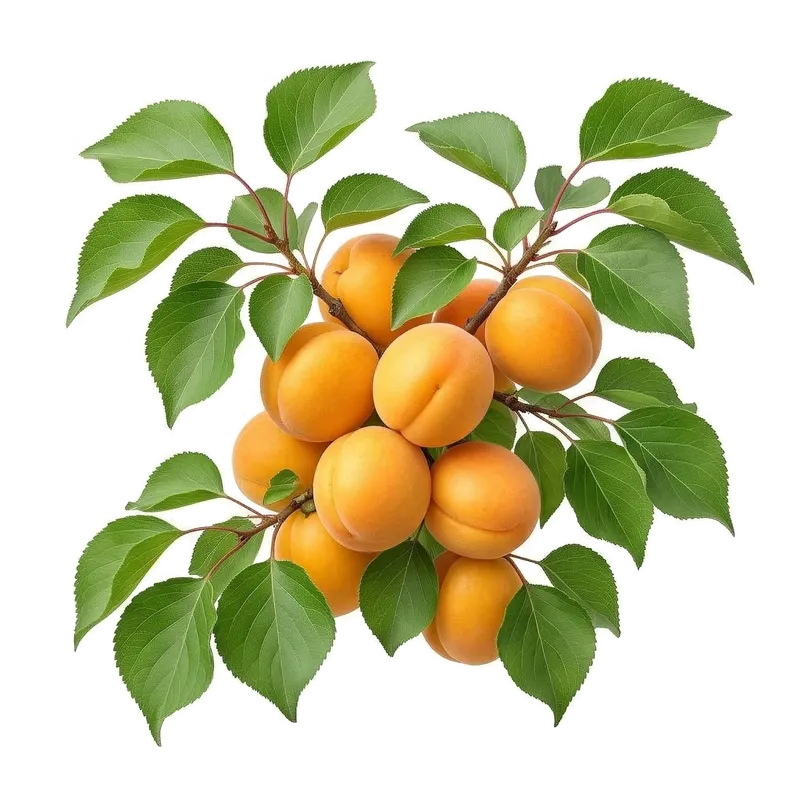 Branches d'un abricotier fléchissant sous le poids de beaux abricots charnus et veloutés, d'un orange lumineux lavé de rouge