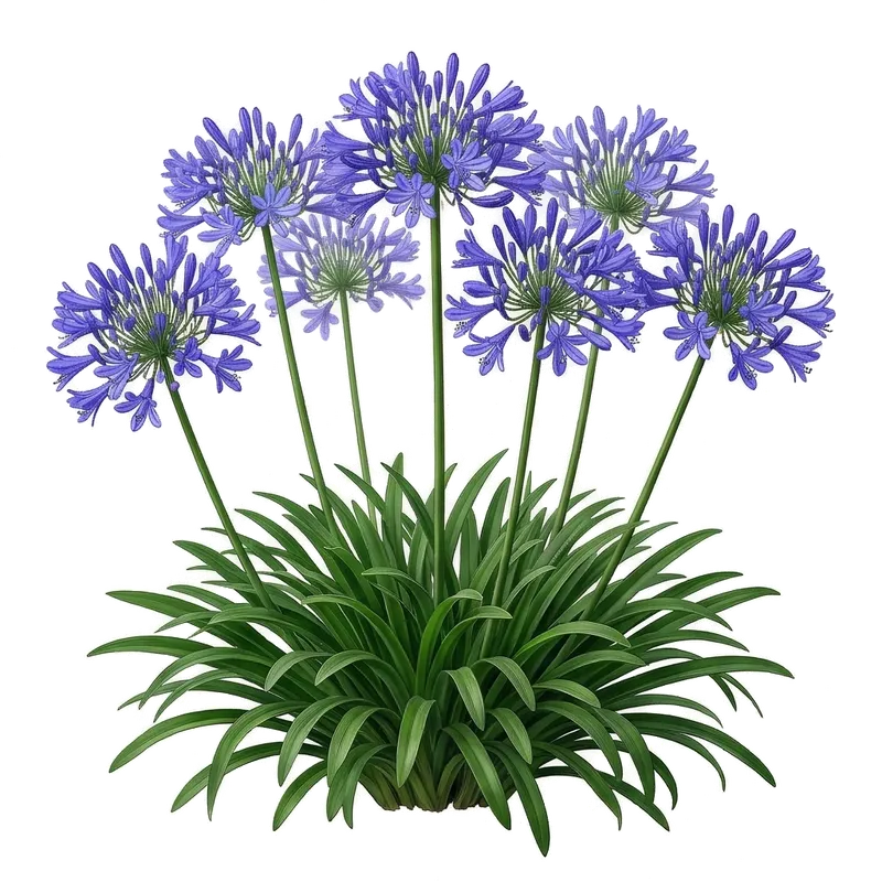 Hautes tiges florales dressées d'agapanthe couronnées de superbes ombelles sphériques composées de fines fleurs bleues en clochettes