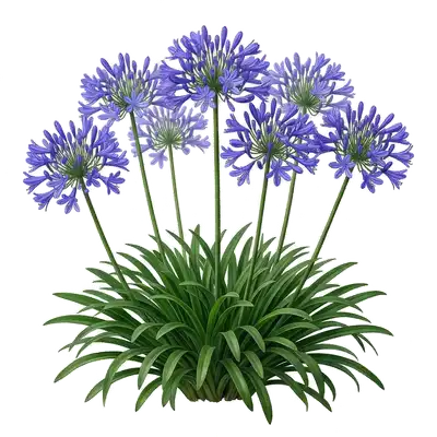 Hautes tiges florales dressées d'agapanthe couronnées de superbes ombelles sphériques composées de fines fleurs bleues en clochettes
