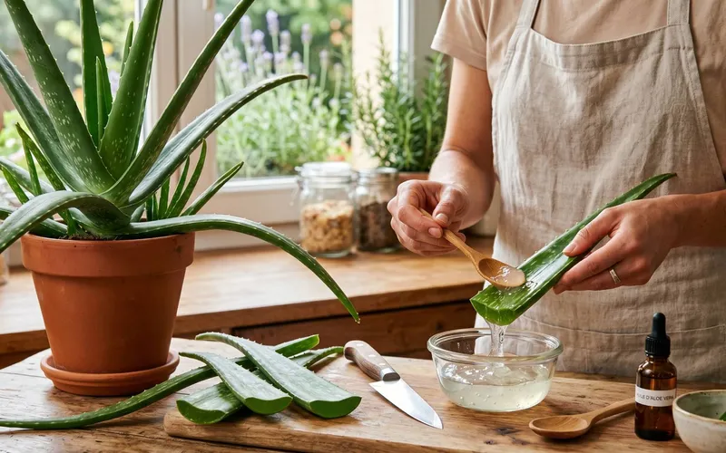 Feuilles d'aloe vera coupées à plat sur une planche en bois à côté d'un petit pot en verre contenant le gel translucide extrait