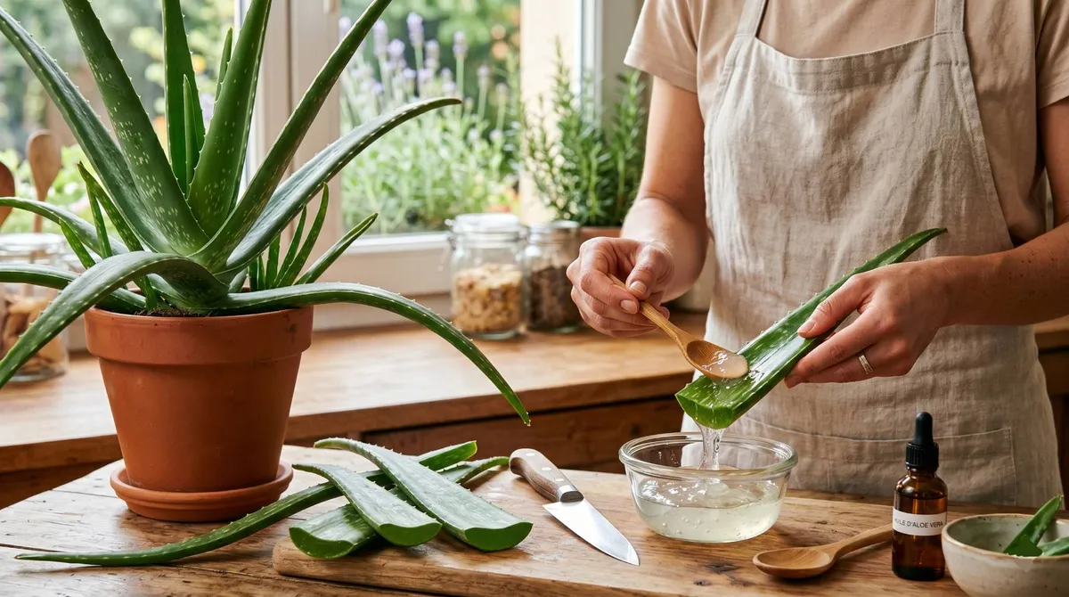 Feuilles d'aloe vera coupées à plat sur une planche en bois à côté d'un petit pot en verre contenant le gel translucide extrait