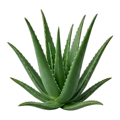 Généreuse plante grasse d'aloe vera dressant sa rosette très graphique de longues feuilles vert grisâtre, charnues et dentées