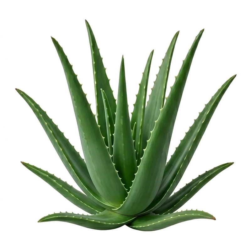 Généreuse plante grasse d'aloe vera dressant sa rosette très graphique de longues feuilles vert grisâtre, charnues et dentées