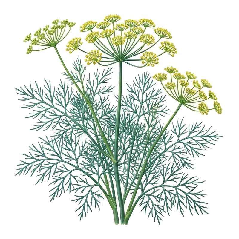 Tiges fines d'aneth portant un feuillage plumeux très léger et de larges ombelles de petites fleurs jaunes lumineuses