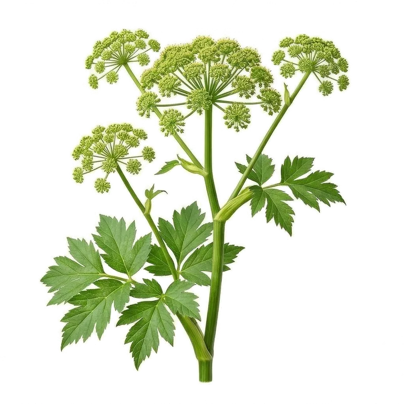 Imposante et majestueuse plante d'angélique déployant ses grandes ombelles sphériques de fleurs vert-jaune sur de robustes tiges cannelées
