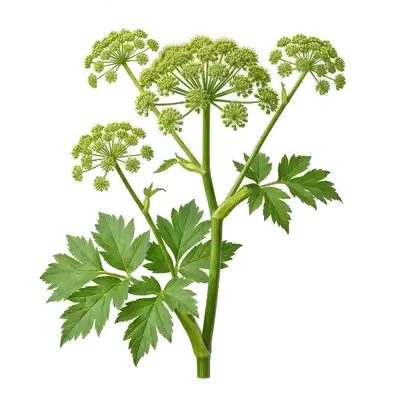 Imposante et majestueuse plante d'angélique déployant ses grandes ombelles sphériques de fleurs vert-jaune sur de robustes tiges cannelées