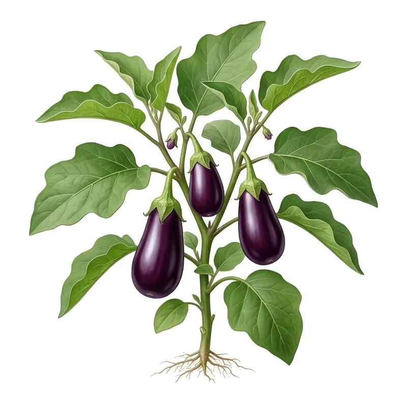 Superbe aubergine à la peau violette très sombre, lisse et brillante, accrochée à son pédoncule sur le plant