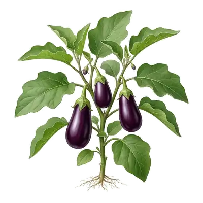 Superbe aubergine à la peau violette très sombre, lisse et brillante, accrochée à son pédoncule sur le plant