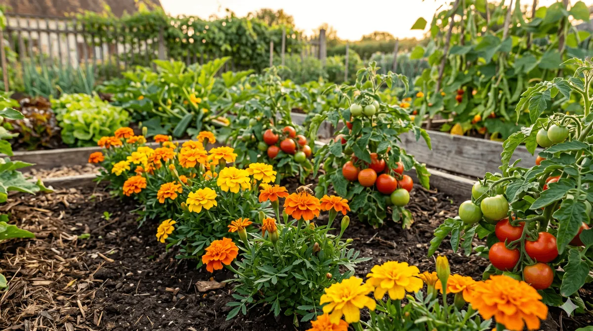 Rangs d'œillets d'Inde orange et jaunes fleuris plantés à côté de pieds de tomates chargés de fruits rouges au potager
