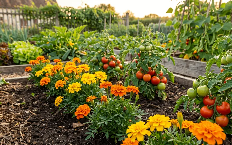 Rangs d'œillets d'Inde orange et jaunes fleuris plantés à côté de pieds de tomates chargés de fruits rouges au potager