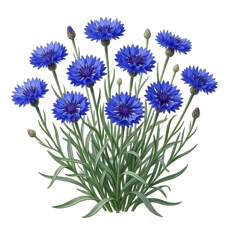 Délicates fleurs de bleuet champêtre arborant leurs fins pétales dentelés d'un bleu azur très intense et lumineux