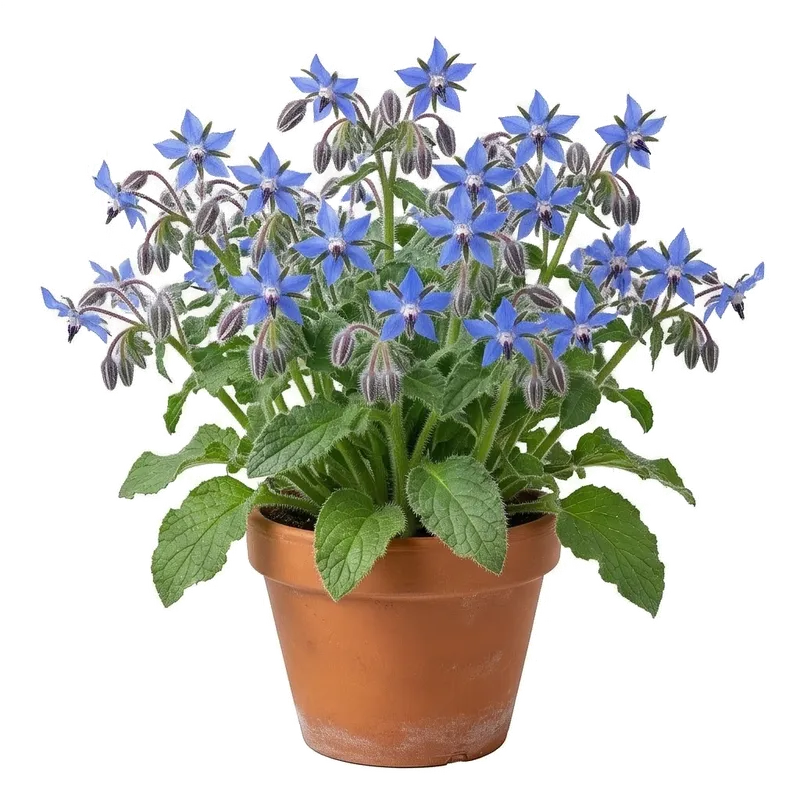 Magnifiques fleurs de bourrache d'un bleu azur intense en forme d'étoile, s'épanouissant sur des tiges couvertes de poils raides
