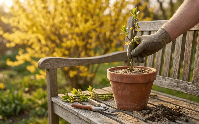 Main gantée enfonçant une jeune tige de forsythia dans un pot en terre cuite rempli de sable pour le bouturage, posé sur un banc en bois devant un arbuste jaune