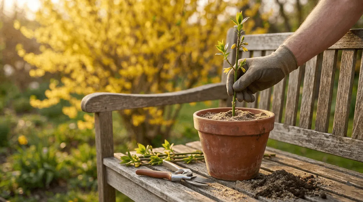 Main gantée enfonçant une jeune tige de forsythia dans un pot en terre cuite rempli de sable pour le bouturage, posé sur un banc en bois devant un arbuste jaune