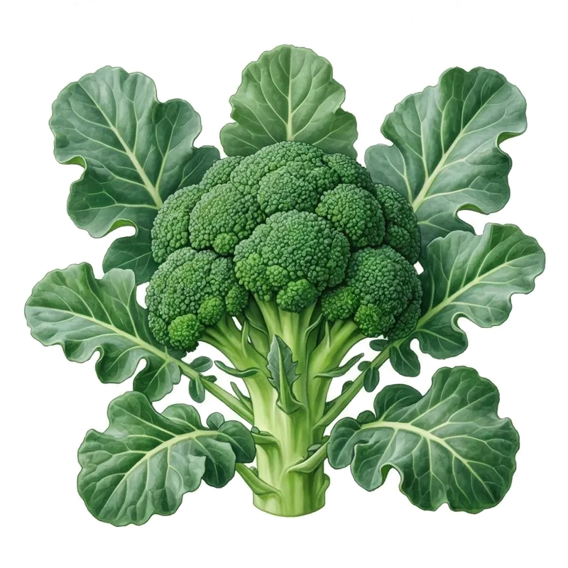 Superbe tête principale de brocoli vert foncé et dense, composée de multiples petits fleurons serrés sur sa tige