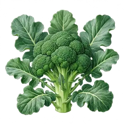 Superbe tête principale de brocoli vert foncé et dense, composée de multiples petits fleurons serrés sur sa tige