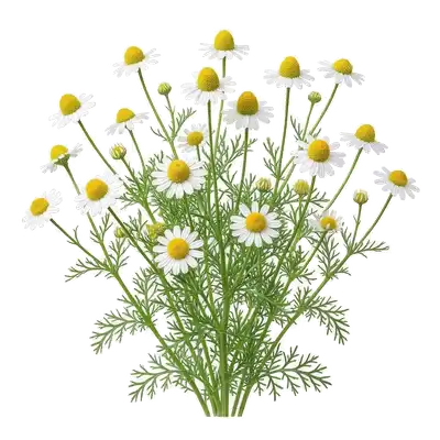 Tapis de petites fleurs de camomille semblables à des marguerites miniatures, avec leur cœur jaune bombé et leurs pétales blancs