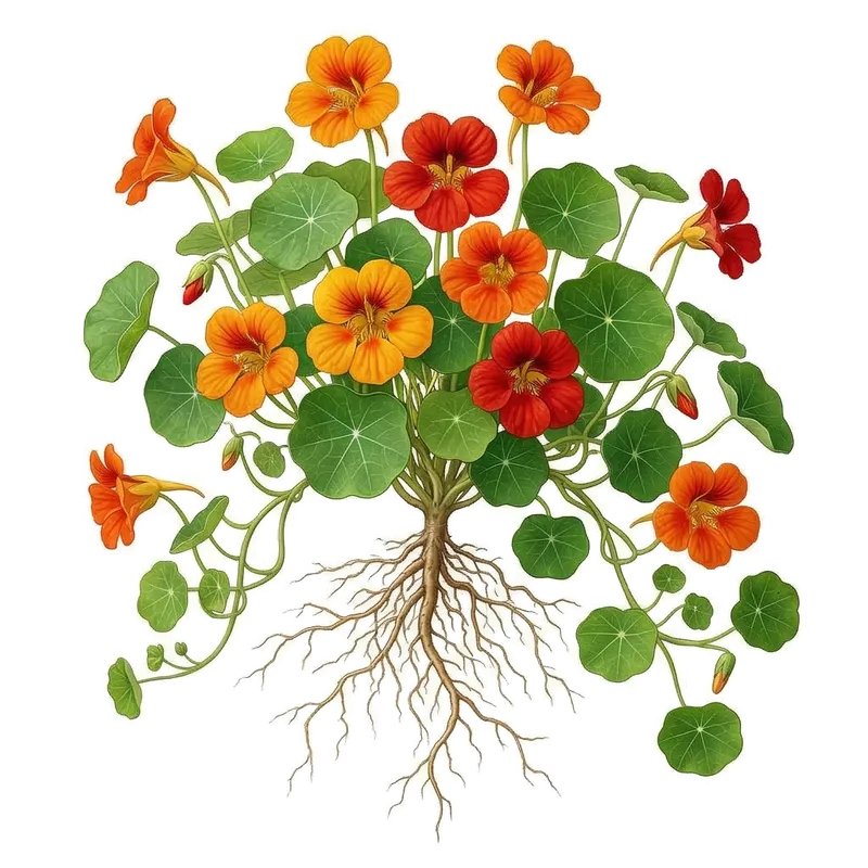 Fleurs de capucines comestibles aux éclats jaune, orange et rouge, s'épanouissant au-dessus de leurs grandes feuilles rondes