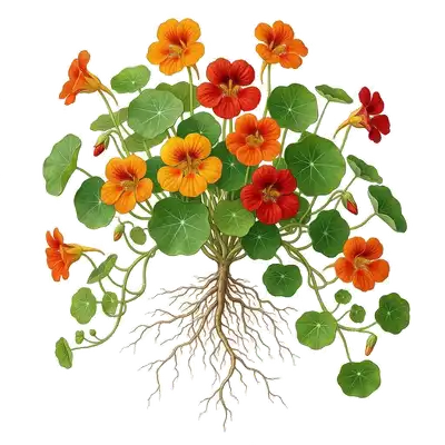 Fleurs de capucines comestibles aux éclats jaune, orange et rouge, s'épanouissant au-dessus de leurs grandes feuilles rondes