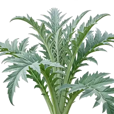 Majestueux plant de cardon aux grandes feuilles gris-argenté très découpées, s'élevant fièrement au potager