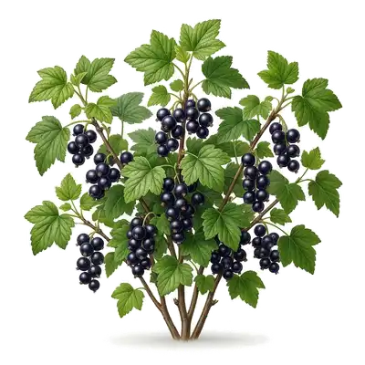 Grappes denses de petites baies de cassis noires, rondes et luisantes, nichées au cœur du feuillage odorant de l'arbuste