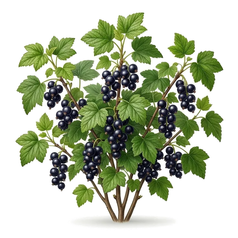 Grappes denses de petites baies de cassis noires, rondes et luisantes, nichées au cœur du feuillage odorant de l'arbuste