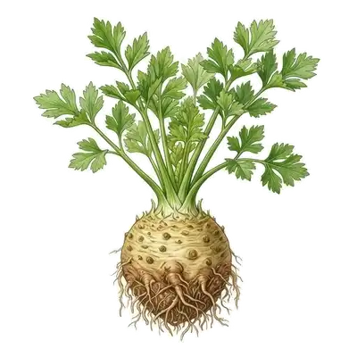 Grosse racine boule de céleri-rave à la peau rugueuse et beige, fraîchement récoltée de terre avec quelques tiges vertes