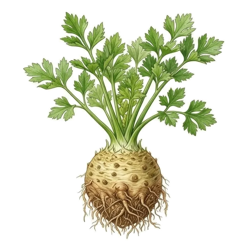 Grosse racine boule de céleri-rave à la peau rugueuse et beige, fraîchement récoltée de terre avec quelques tiges vertes