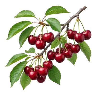 Grappes abondantes de cerises Burlat rouge foncé, lisses et brillantes, suspendues aux branches de l'arbre
