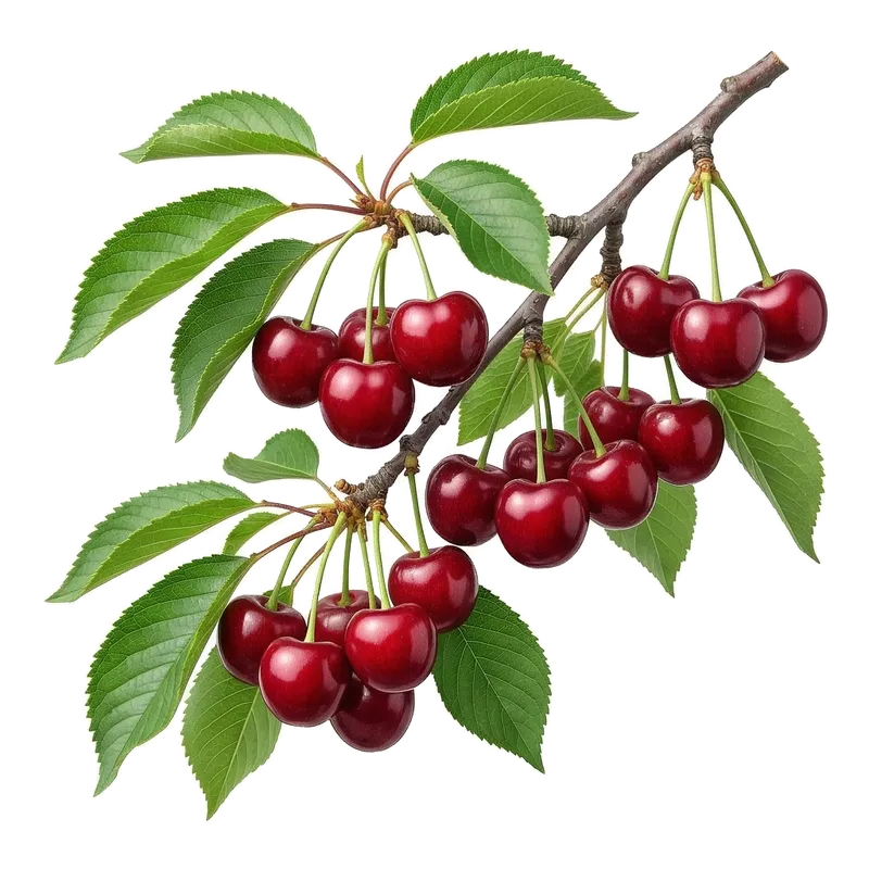 Grappes abondantes de cerises Burlat rouge foncé, lisses et brillantes, suspendues aux branches de l'arbre