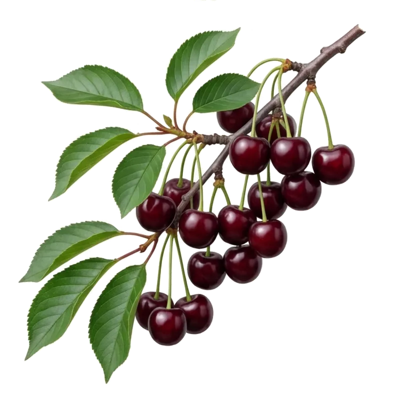 Branches retombantes d'un cerisier griotte chargées d'une profusion de petites cerises rouge vif, rondes et luisantes