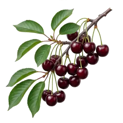 Branches retombantes d'un cerisier griotte chargées d'une profusion de petites cerises rouge vif, rondes et luisantes