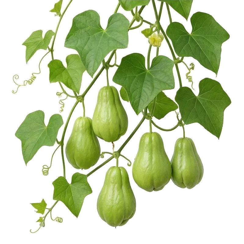 Curieux fruits vert clair en forme de grosses poires plissées (christophines), suspendus fermement à leur exubérante liane tropicale