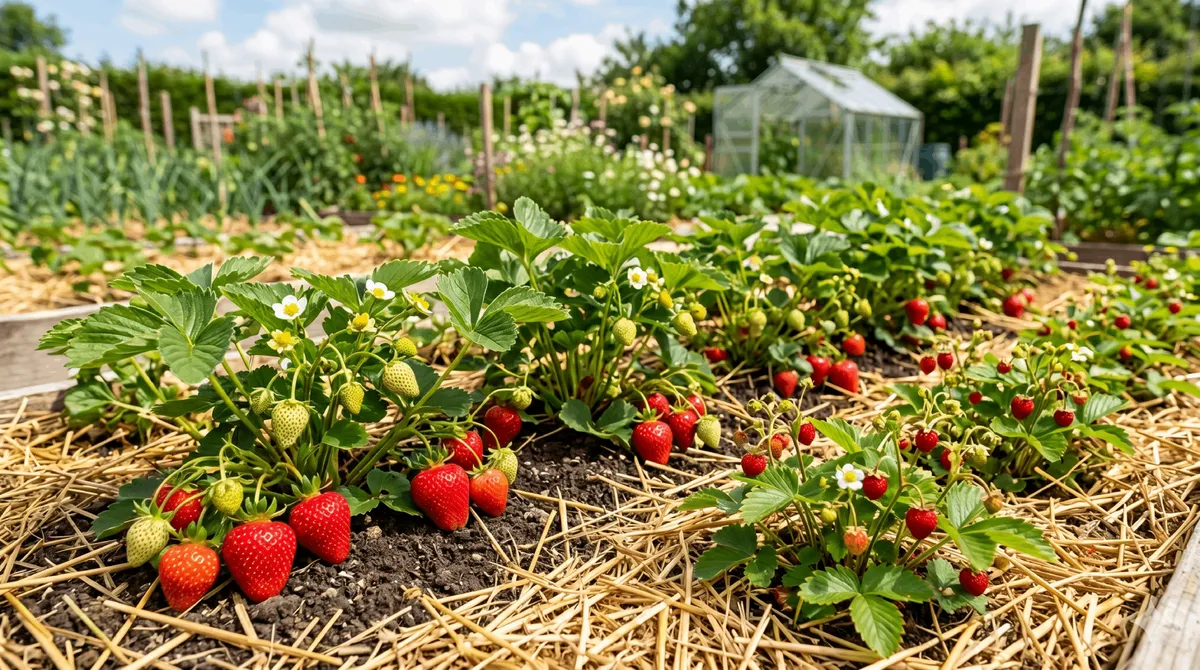 Plants de fraisiers vigoureux chargés de fraises rouges mûres et de petites fleurs blanches poussant sur un rang paillé au potager, avec une serre en arrière-plan
