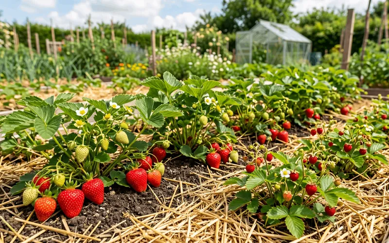 Plants de fraisiers vigoureux chargés de fraises rouges mûres et de petites fleurs blanches poussant sur un rang paillé au potager, avec une serre en arrière-plan