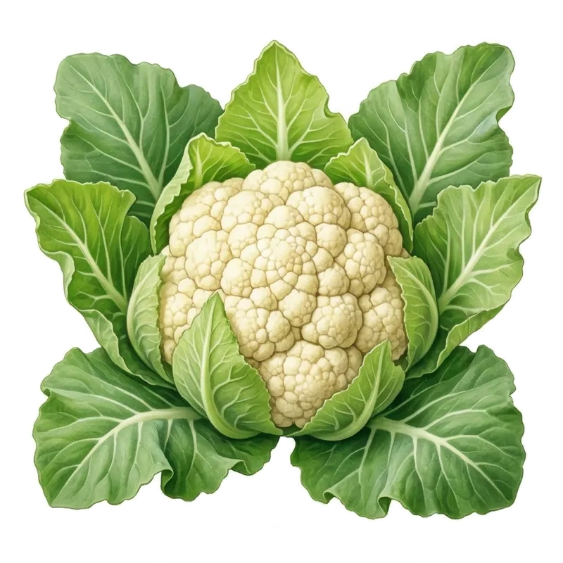 Grosse pomme de chou-fleur très blanche et compacte, précieusement nichée au centre de ses larges feuilles vertes protectrices