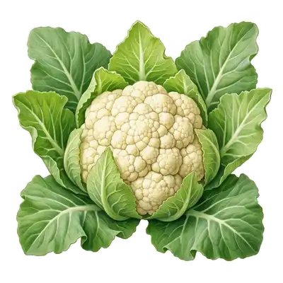 Grosse pomme de chou-fleur très blanche et compacte, précieusement nichée au centre de ses larges feuilles vertes protectrices