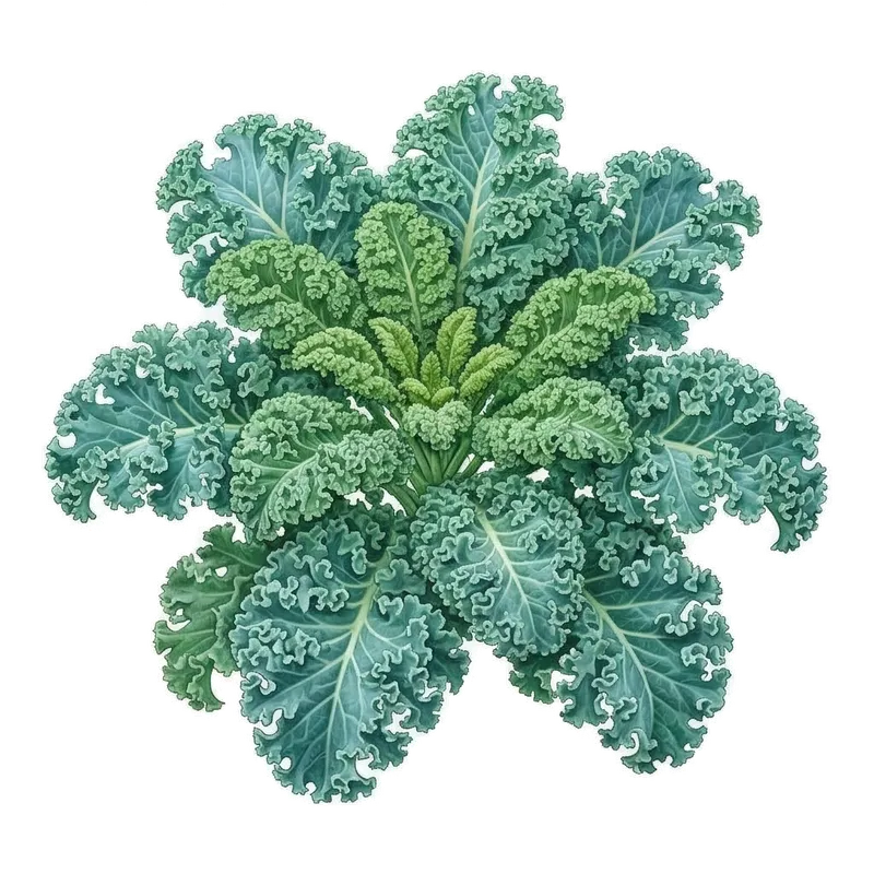 Superbe plant de chou kale aux longues feuilles vert bleuté très frisées et dentelées, dressées vigoureusement au potager
