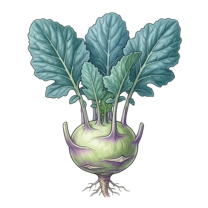 Étonnante pomme renflée vert pomme du chou-rave poussant juste au-dessus du sol, surmontée de longues tiges feuillues