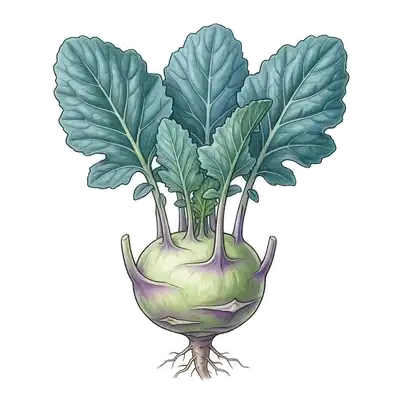 Étonnante pomme renflée vert pomme du chou-rave poussant juste au-dessus du sol, surmontée de longues tiges feuillues