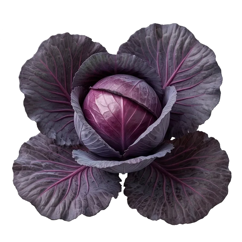 Magnifique pomme de chou rouge, dense et lisse, nichée au cœur de ses grandes feuilles aux teintes pourpres et bleutées