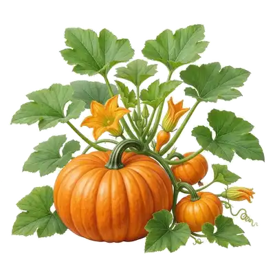 Grosse citrouille ronde et lisse d'un orange éclatant, reposant sur le sol au milieu des lianes et des larges feuilles