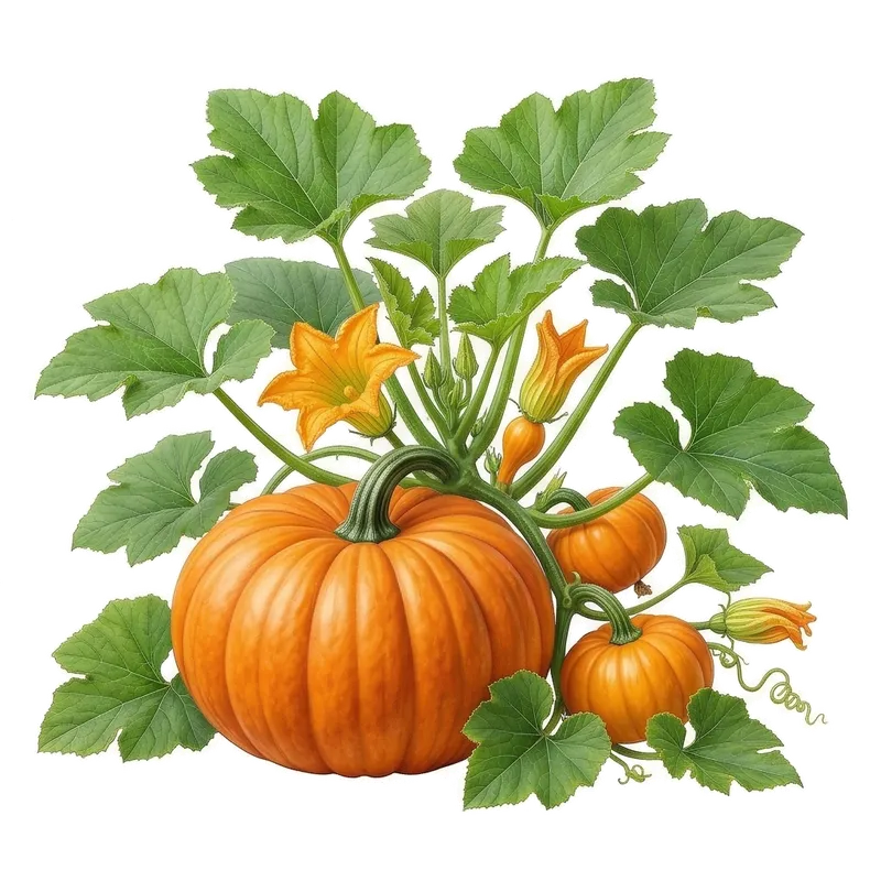 Grosse citrouille ronde et lisse d'un orange éclatant, reposant sur le sol au milieu des lianes et des larges feuilles