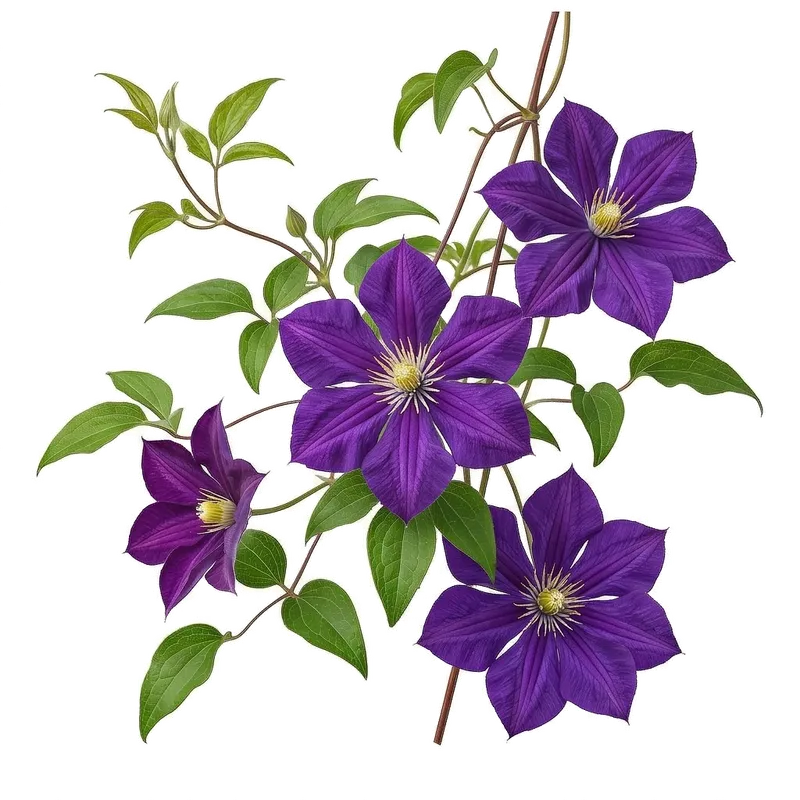 Liane vigoureuse de clématite grimpante entièrement couverte de grandes fleurs étoilées aux pétales colorés largement ouverts