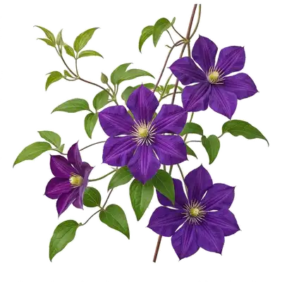 Liane vigoureuse de clématite grimpante entièrement couverte de grandes fleurs étoilées aux pétales colorés largement ouverts