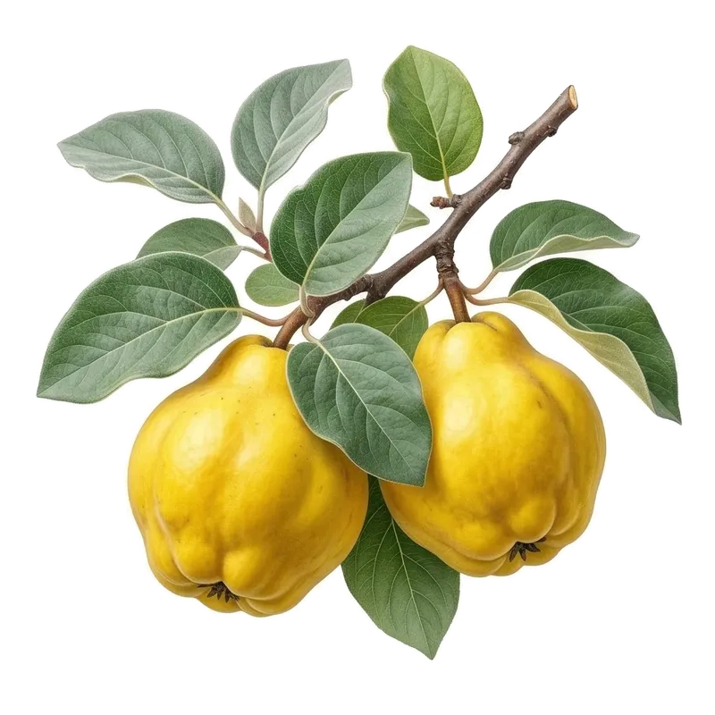 Gros coings jaunes à la forme irrégulière, recouverts de leur fin duvet cotonneux caractéristique, mûrissant au soleil