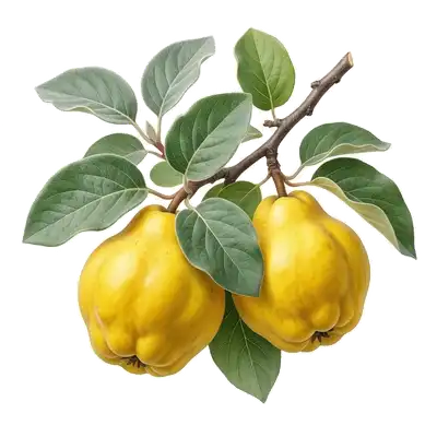 Gros coings jaunes à la forme irrégulière, recouverts de leur fin duvet cotonneux caractéristique, mûrissant au soleil