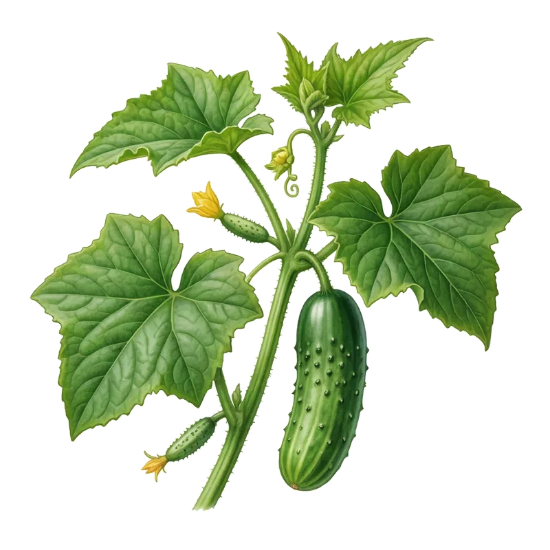 Long concombre vert foncé, cylindrique et légèrement épineux, pendant de sa liane vigoureuse aux larges feuilles