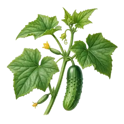 Long concombre vert foncé, cylindrique et légèrement épineux, pendant de sa liane vigoureuse aux larges feuilles