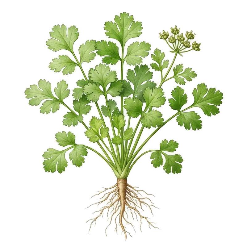 Tiges élancées et feuilles vert clair délicatement découpées d'un plan de coriandre parfumée au potager